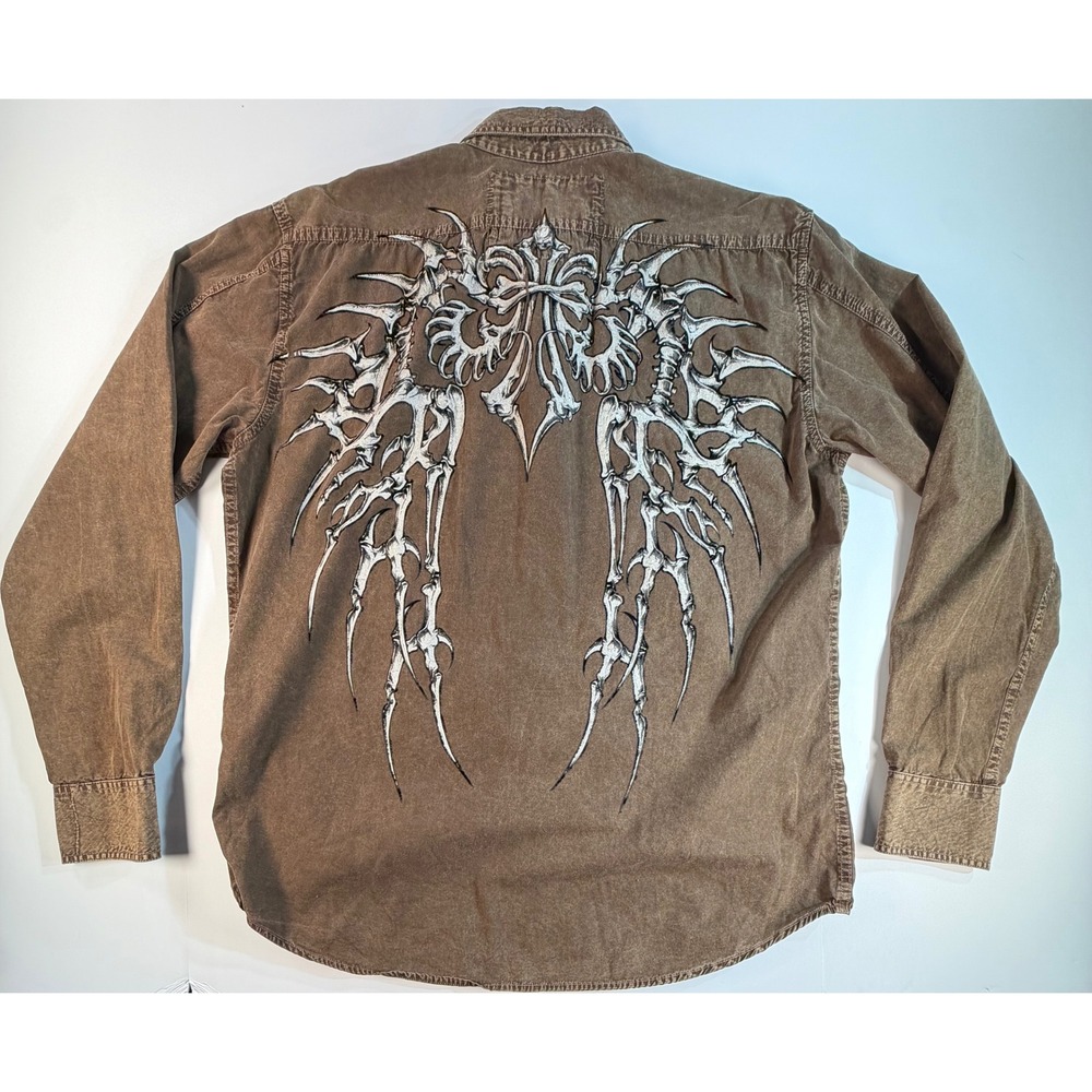 Affliction Mens XL Brown Distressed Skeletal Wings Bone Cross Button Down Shirt